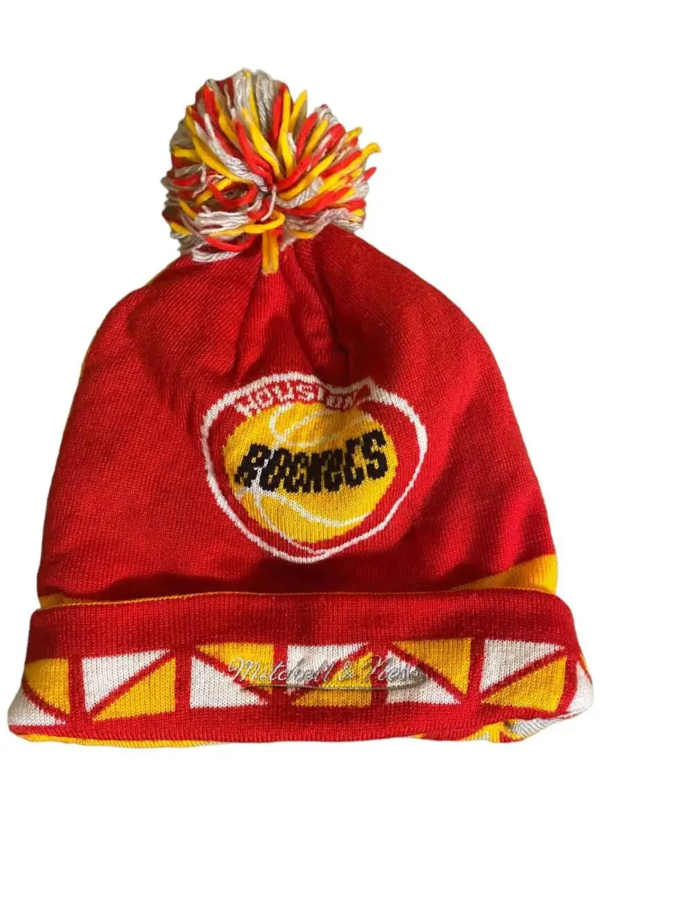 Mitchell & Ness Houston Rockets Beanie Pom Pom Double Sided Knit Hat Red/Yellow